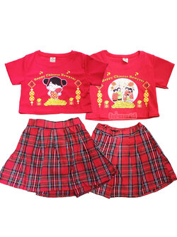 ชุดเซทตรุษจีนเด็กผู้หญิง เสื้อยืด กระโปรงลายสก็อต