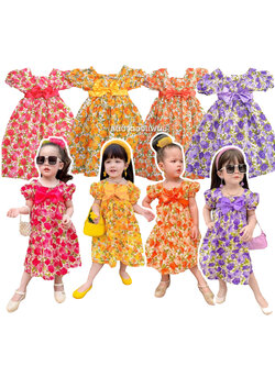 ชุดย้อนยุคเด็ก ชุดทองกวาว เดรสย้อนยุคลายดอกสำหรับเด็ก