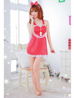 ชุดสาวใช้ ผ้ากันเปื้อนสีแดงลายจุด