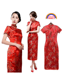 กี่เพ้ายาวสีแดงลายหงส์มังกร ชุดตรุษจีนผู้หญิง กี่เพ้าตรุษจีน