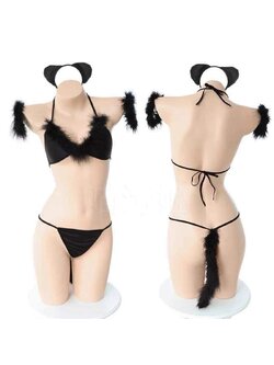 ชุดชั้นในแมวเหมียว สีดำ มีหู มีหาง ครบเซท