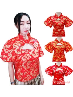 เสื้อแฟชั่นสาวหมวย เสื้อตรุษจีนผู้หญิง แฟชั่นตรุษจีน แบบเปิดอกแขนบอลลูน