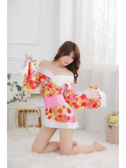 ชุดกิโมโน ยูคาตะแขนยาว สีสันสดใส ลวดลายสไตล์ญี่ปุ่น ผูกโบว์ใหญ่หลังสีชมพู