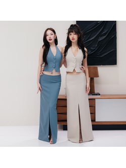 Lism Set-011 ชุดเซตเสื้อคล้องคอกระโปรงผ่าหน้าสุดเก๋ (ชุดเซต)