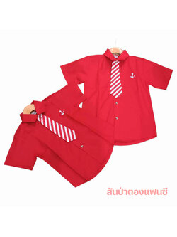 เสื้อเชิ้ตเด็กคริสต์มาส เสื้อเชิ้ตธีมขาวแดง เสื้อแขนสั้นสีแดงพร้อมเนคไท