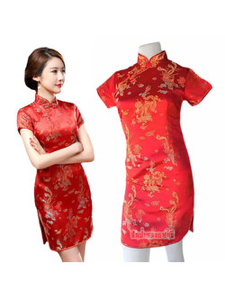 ชุดจีนกี่เพ้าสีแดง ชุดกี่เพ้าตรุษจีน แบบชายสั้น มีไซส์ S - 6XL