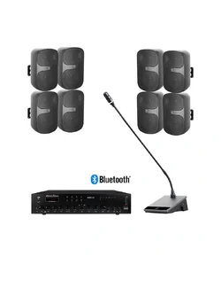SOUNDVISION Public Address Systems 8 ชุดเครื่องเสียงประชาสัมพันธ์ มิกเซอร์ยึดแรกส์ 300 วัตต์ ไมค์พูดปราศรัย และลำโพงติดผนังขนาด 6.5 นิ้ว