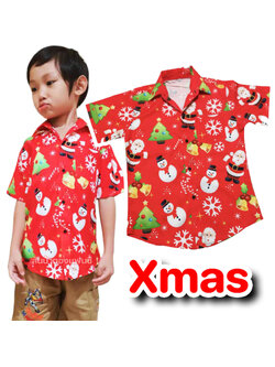เสื้อคริสมาสต์เด็ก เสื้อเชิ้ตคริสมาสต์เด็ก เสื้อเชิ้ตสีแดงลายซานต้า