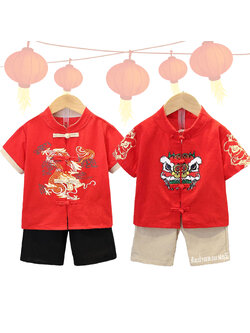 ชุดตรุษจีนเด็กผู้ชาย ชุดจีนเซทเสื้อกางเกง ผ้าฝ้ายงานสกรีน