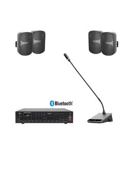 SOUNDVISION Public Address Systems 4 ชุดเครื่องเสียงประชาสัมพันธ์ มิกเซอร์ยึดแรกส์ 150 วัตต์ ไมค์พูดปราศรัย และลำโพงติดผนังขนาด 6.5 นิ้ว