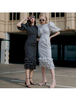 Lism D-065 Elegant Polka Dot Ruffle Midi Dress ชุดเดรสลายจุด