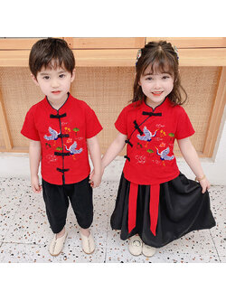 ชุดตรุษจีนเด็ก อาตี๋ อาหมวย ชุดจีนปักลายนกกระเรียน