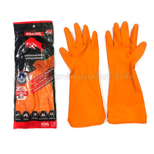 ถุงมือยางแบบหนา มี ซับใน สีส้ม ตรากระทิง