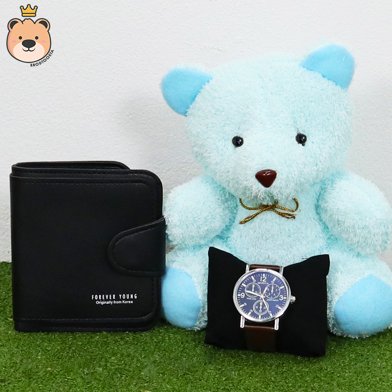 ของขวัญให้แฟนสาว ของขวัญผู้หญิง เม็ดโฟมเต็มกล่อง ของขวัญเซอร์ไพรส์ กระเป๋าตังสีดำ+นาฬิกา+ตุ๊กตาหมีนั่งสีฟ้า เซ็ตเซอร์ไพรส์ กล่องเปิดฝา