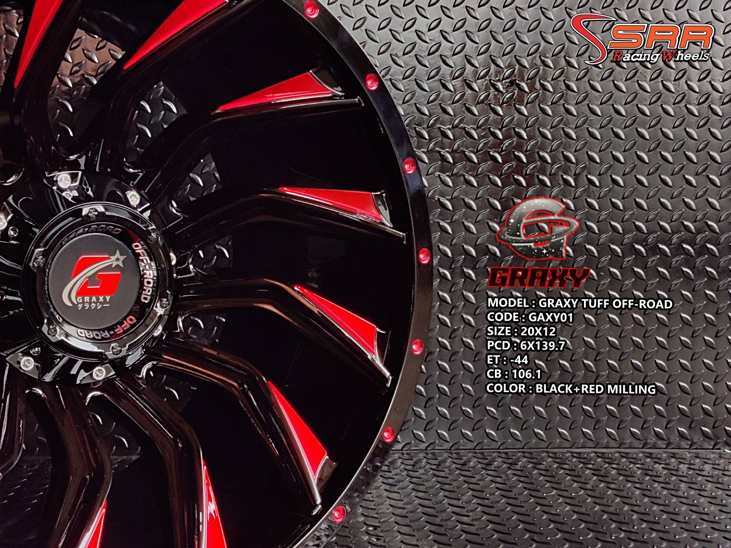GRAXY TUFF 20X12 6X139.7 ET -44 BLACK-RED MILLING (ดำเงากลึงแดง)