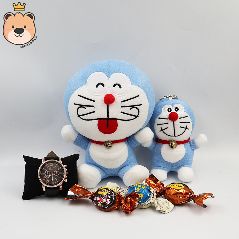 เซ็ตเซอร์ไพรส์ ตุ๊กตา โดเรม่อน7นิ้วแลบลิ้น+พวงกุญแจ (ได้2ตัว)+นาฬิกา+ช็อคโกแลต กล่องเปิดฝาครึ่งA พร้อมเม็ดโฟมคละสี