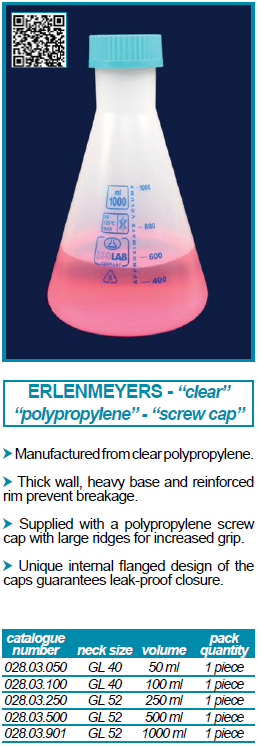ขวดรูปชมพู่ฝาเกลียว ERLENMEYER FLASK - PP - SCREW CAP - ISOLAB