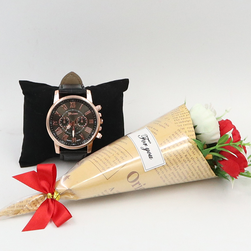 เซ็ตเซอร์ไพรส์แฟน นาฬิกาข้อมือ + ช่อดอกไม้ พร้อมเม็ดโฟมสีเทา กล่องของขวัญ เปิดฝาสีเงินสุดหรู