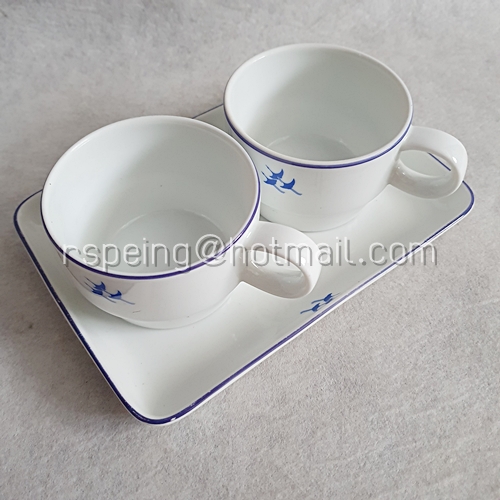 ชุดแก้วชากาแฟ และจานเสิร์ฟ Noritake ขอบและลายนกกระเรียนสีน้ำเงิน สายการบินญี่ป่น (JAL)