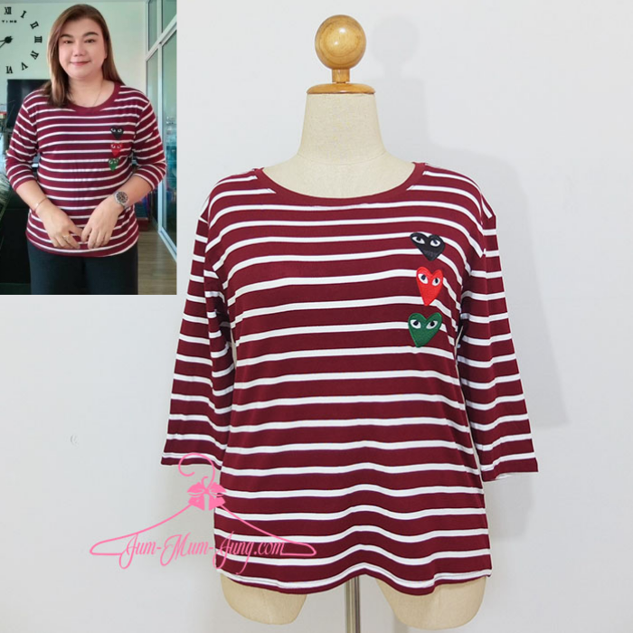 *อก48-50นิ้ว*เสื้อคนอ้วนแขน4ส่วนผ้ายืดเนื้อเด้งสีแดงลายริ้วปักลายหัวใจ3ดวง สวยน่ารักมากๆค่ะ