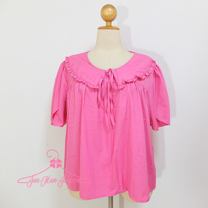 *อก50-52นิ้ว*เสื้อคนอ้วนผ้าไหมอิตาลีสีชมพูปกระบายผูกโบว์แขนกลีบบัว สวยหวานน่ารักมากๆค่ะ