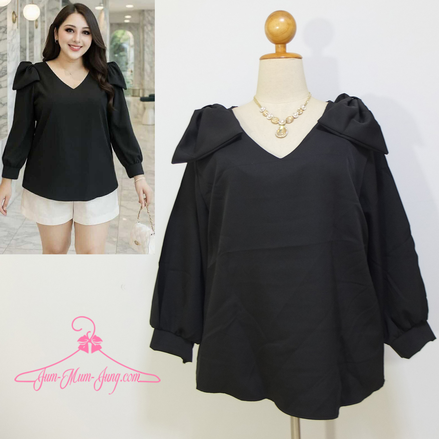 *อก50-52นิ้ว(ไม่รวมสร้อย)*เสื้อแฟชั่นคนอ้วนคอวีผ้าบาร์บี้สีดำแขนยาวผ่าเก๋ติดโบว์ที่ไหล่ สวยหวานน่ารักมากๆค่ะ