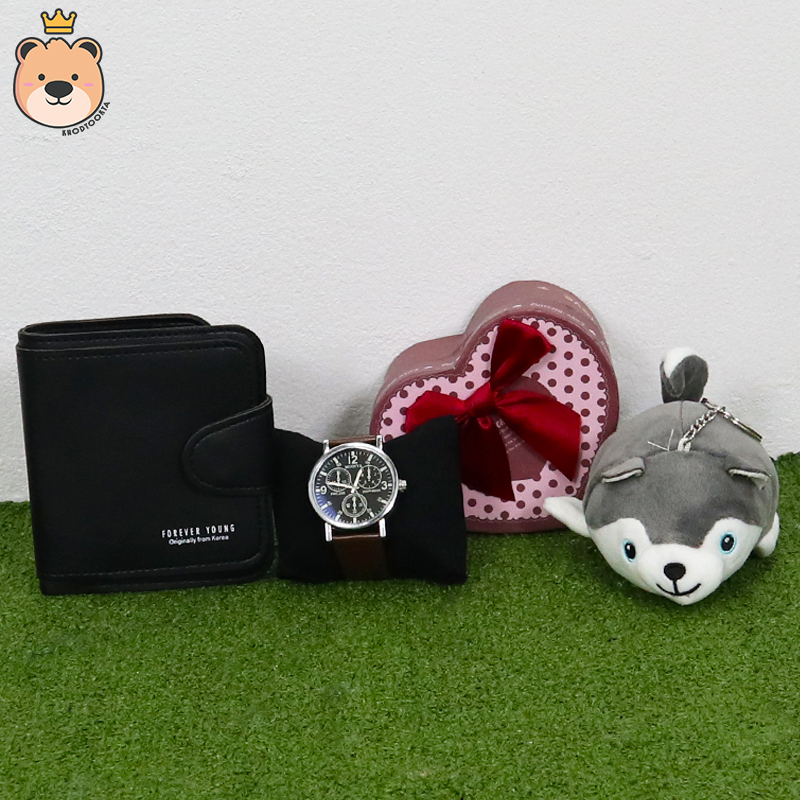 ของขวัญให้แฟนสาว ของขวัญผู้หญิง เม็ดโฟมเต็มกล่อง (กระเป๋าตัง+นาฬิกา+พวงกุญแจหมาไซบีเรียน) ของขวัญเซอร์ไพรส์ กล่องเปิดฝา