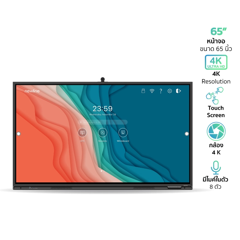 NEWLINE TT-6522Q จออินเตอร์แอคทีฟ 4K ทัชสกรีน 65 นิ้ว ความละเอียด 3840 x 2160 พิกเซล ความคมชัด 4000:1 รองรับระบบปฏิบัติการ Android ในตัว