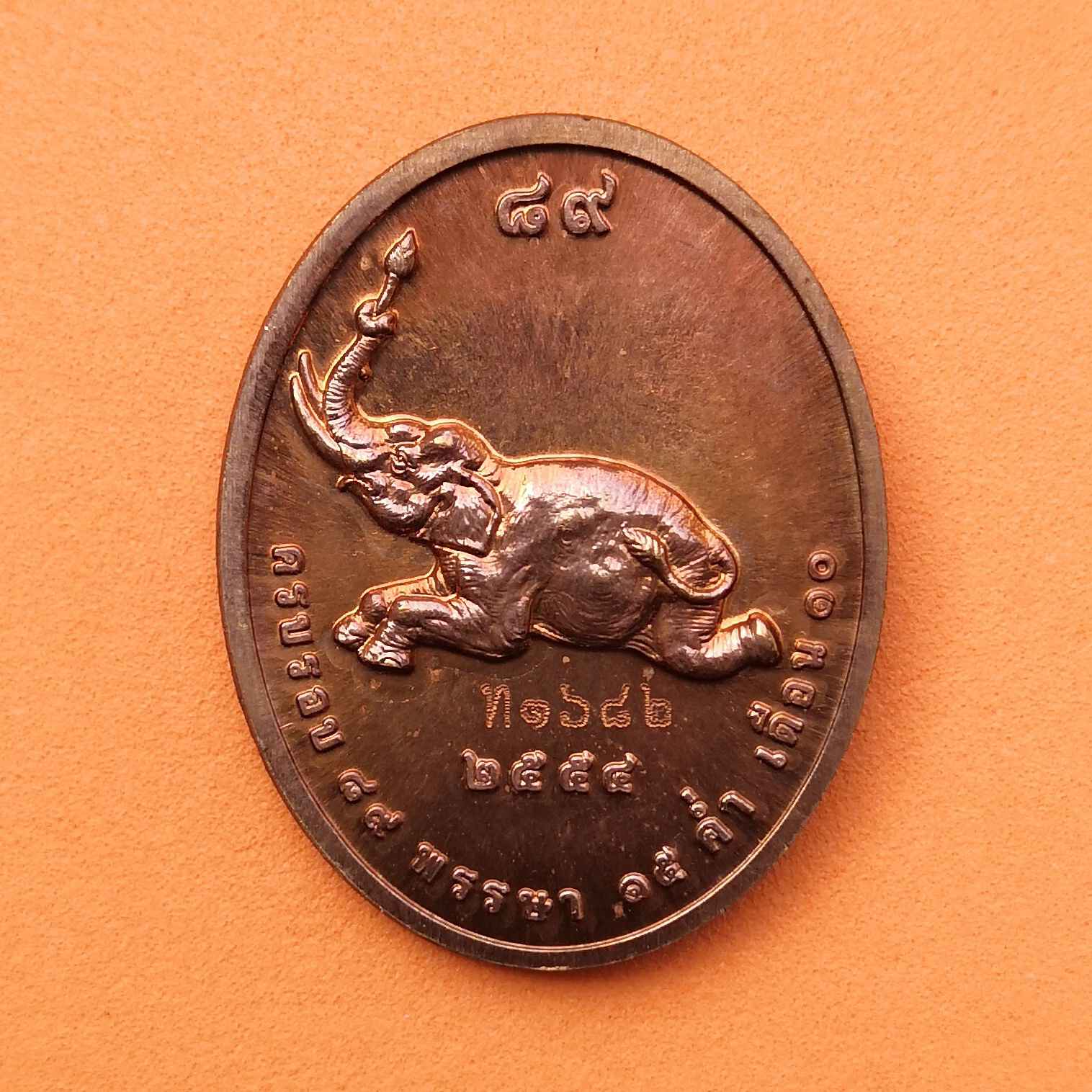 เหรียญช้างหมอบ ครบรอบ 89 พรรษา หลวงปู่ลี กุสลธโร วัดป่าภูผาแดง อุดรธานี ปี 2554 เนื้อทองแดง สูง 3.2 เซน