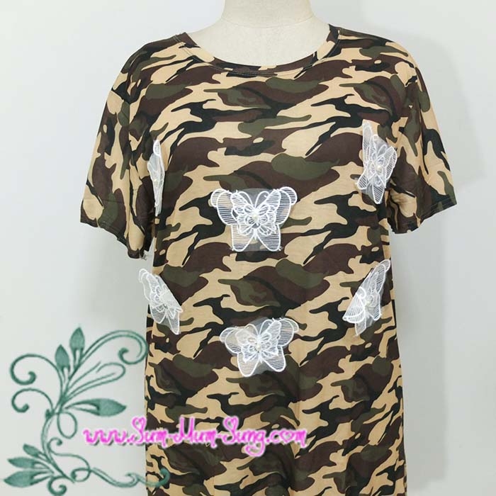 *อก48นิ้ว*ชุดเดรสคนอ้วนผ้ายืดลายทหารโทนสีน้ำตาลปักลายผีเสื้อสีขาวแต่งมุก ผ่าชายด้านข้างทั้ง2ข้าง สวยน่ารักมากๆค่ะ