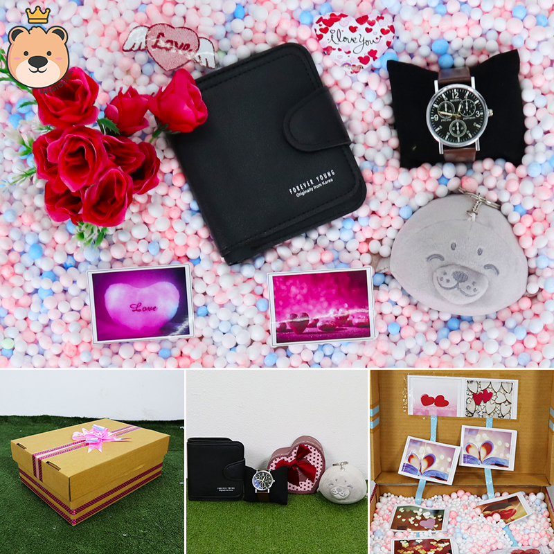 ของขวัญให้แฟนสาว ของขวัญผู้หญิง เม็ดโฟมเต็มกล่อง (กระเป๋าตัง+นาฬิกา+พวงกุญแจอุ๋งๆ ) ของขวัญเซอร์ไพรส์ กล่องเปิดฝา