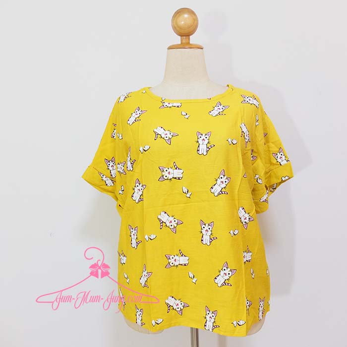 *อกฟรีไซส์46-48นิ้ว*เสื้อผ้าคนอ้วนผ้าฝ้ายสีเหลืองสกรีนลายแมวแขนในตัวพับปลายแขน สวยน่ารักมากๆค่ะ