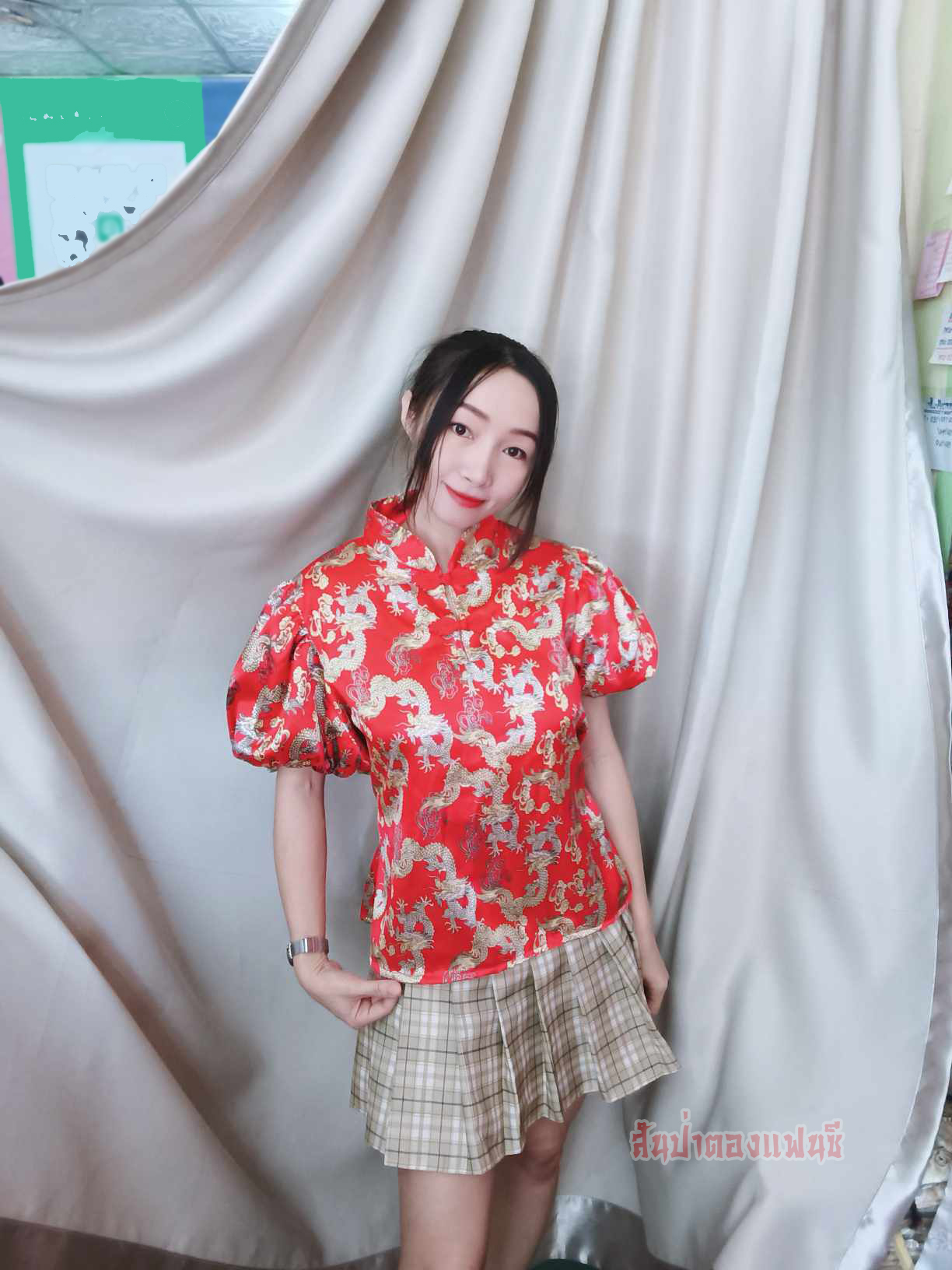 เสื้อแฟชั่นตรุษจีนผู้หญิง แฟชั่นสาวหมวย เสื้อคอจีนแขนบอลลูน