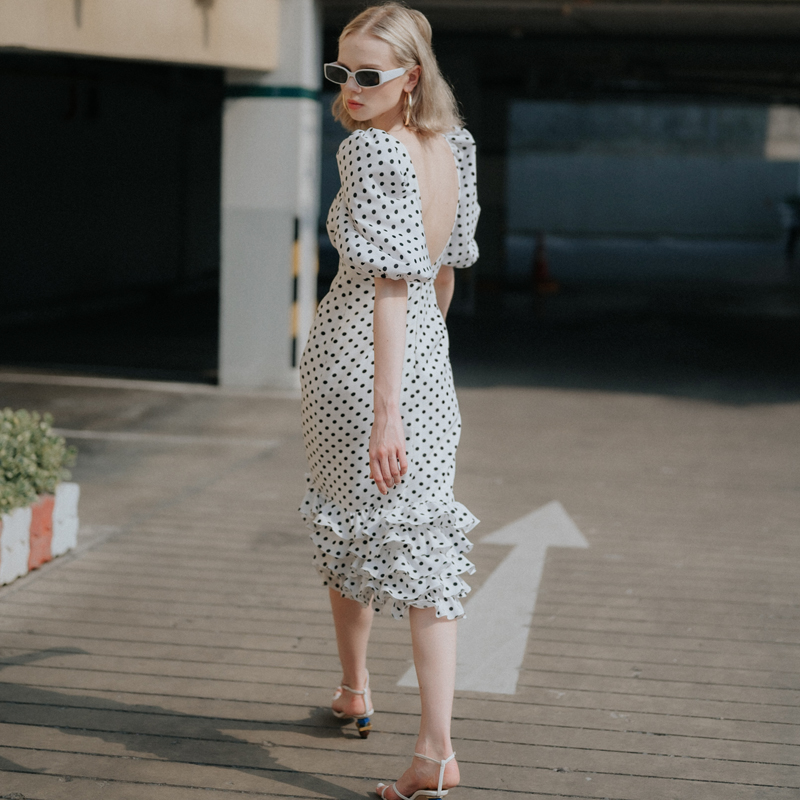 Lism D-065 Elegant Polka Dot Ruffle Midi Dress ชุดเดรสลายจุด