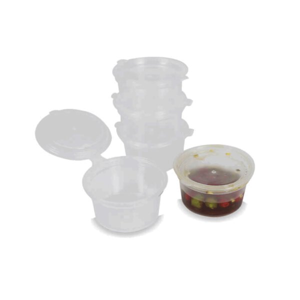 ถ้วยน้ำจิ้ม 1 ออนซ์ ฝาในตัว ขนาดฝา Ø 5.2 cm ,ก้น Ø 4 cm, สูง 2.7 cm