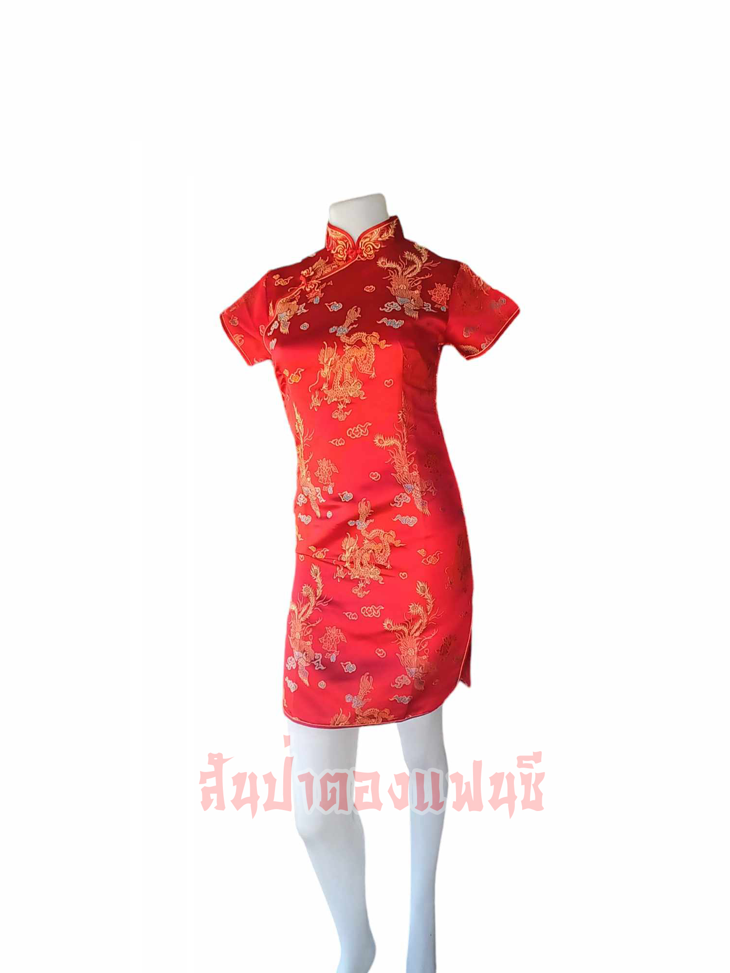 ชุดจีนกี่เพ้าสีแดง ชุดกี่เพ้าตรุษจีน แบบชายสั้น มีไซส์ S - 6XL
