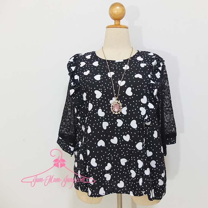 *อก50นิ้ว*เสื้อคนอ้วนผ้าไหมอิตาลีสีดำลายหัวใจแต่งระบาย แขน3ส่วนผ้าลูกไม้นิ่มยืดได้ สวยหวานน่ารักมากๆค่ะ