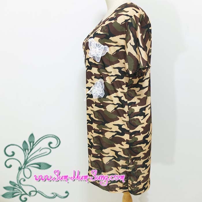 *อก48นิ้ว*ชุดเดรสคนอ้วนผ้ายืดลายทหารโทนสีน้ำตาลปักลายผีเสื้อสีขาวแต่งมุก ผ่าชายด้านข้างทั้ง2ข้าง สวยน่ารักมากๆค่ะ