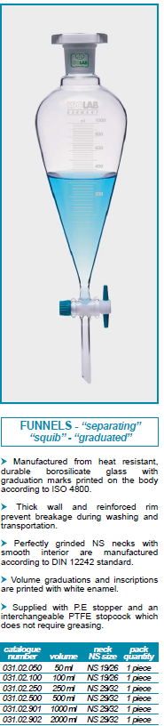 กรวยแยกสาร SEPARATING FUNNEL - PTFE STOPCOCK - GRADUATED - ISOLAB