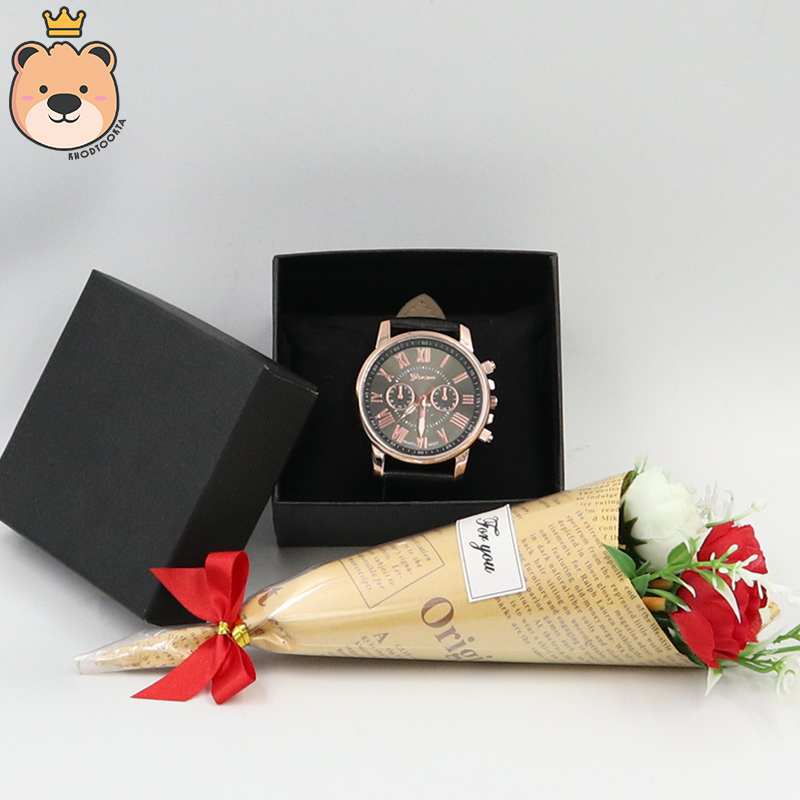 เซ็ตเซอร์ไพรส์แฟน นาฬิกาข้อมือ + ช่อดอกไม้ พร้อมเม็ดโฟมสีเทา กล่องของขวัญ เปิดฝาสีเงินสุดหรู