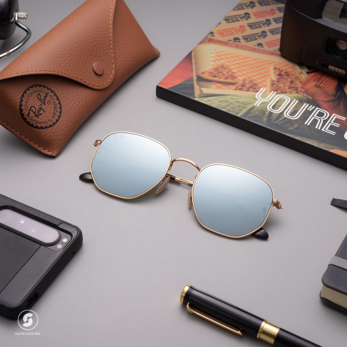 Ray Ban RB3548N 001/30 hexagonal Gold Silver Mirror