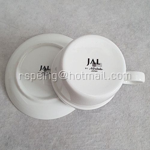 ชุดแก้วชากาแฟ และจานรองแก้ว Noritake ลายเส้นดำและแถบเทา-ฟ้า สายการบินญี่ป่น (JAL)
