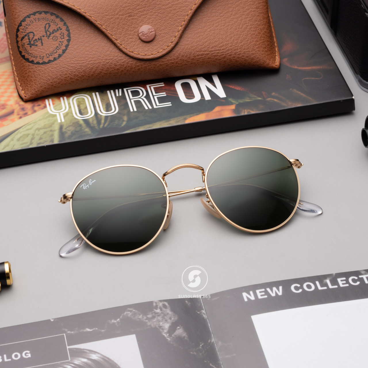 Ray-Ban RB3447 001 Round metal Gold frame G-15 lenses