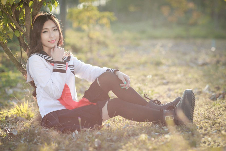 ชุดนักเรียนญี่ปุ่น แขนยาว ริบบิ้นแดง งานเกรด A
