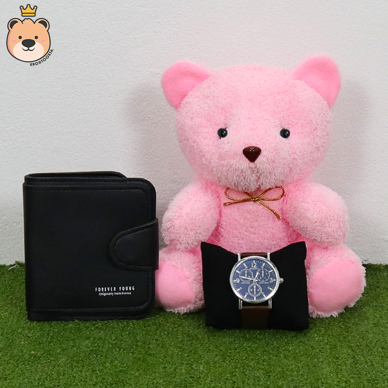 ของขวัญให้แฟนสาว ของขวัญผู้หญิง เม็ดโฟมเต็มกล่อง ของขวัญเซอร์ไพรส์ (กระเป๋าตังสีดำ+นาฬิกา+ตุ๊กตาหมีนั่งสีชมพู) เซ็ตเซอร์ไพรส์ กล่องเปิดฝา