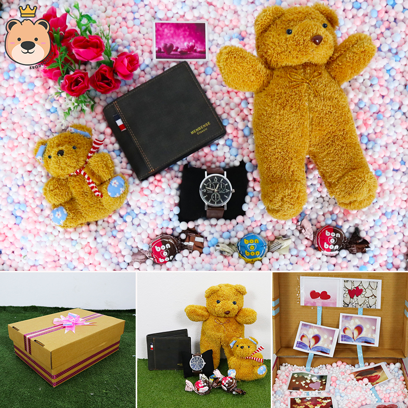 ของขวัญให้แฟนหนุ่ม ของขวัญผู้ชาย เซ็ตเซอร์ไพรส์อัดเม็ดโฟมเต็มกล่อง (กระเป๋าตัง+นาฬิกา+ตุ๊กตาหมียืนน้ำตาล+พวงกุญแจหมีน้ำตาล+ช็อคโกแลต) ****ได้ของตามแบบที่ลูกค้าเลือก****