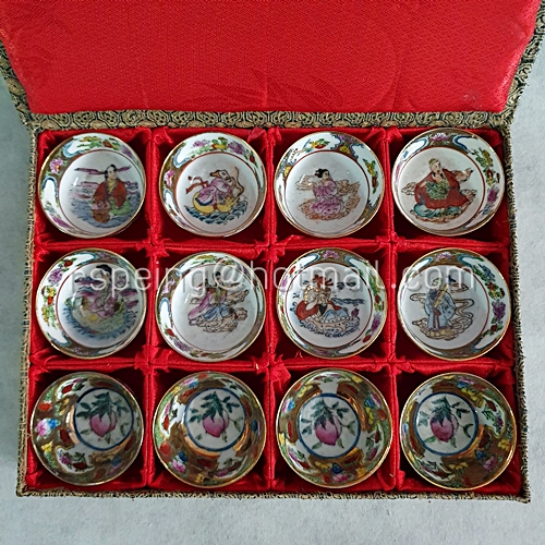 ชุดถ้วยน้ำชาจีน ลายแปดเซียนและผลท้อวาดมือ 12 ใบ พร้อมกล่อง