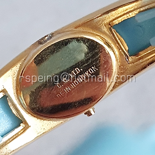 กำไลนาฬิกา ลายดอกไม้สีฟ้า-เขียว ขอบสีทอง