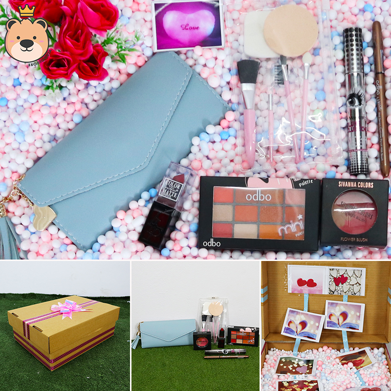 ของขวัญให้แฟน ของขวัญผู้หญิง เม็ดโฟมเต็มกล่อง กระเป๋าตัง+เซ็ตเครื่องสำอางค์ 6อย่าง ได้ของตามแบบที่ลูกค้าเลือก