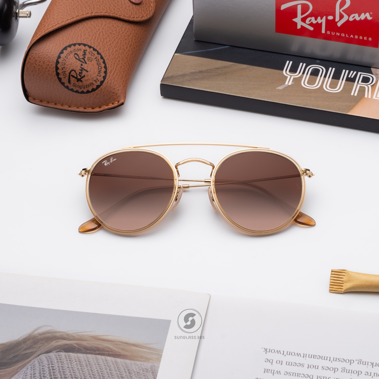 Ray-Ban RB3647N 912443 Round Double Bridge Gold Gradient